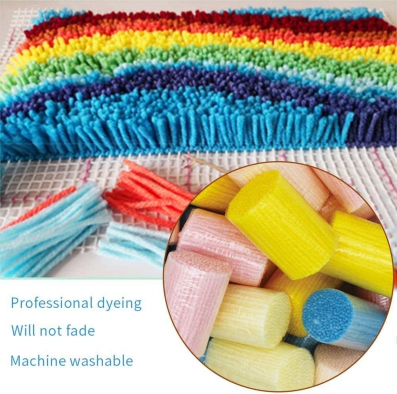 May include: Close-up of colorful yarn spools for rug hooking. The yarn is wrapped around small, cylindrical spools. The yarn is in various colors, including pink, yellow, blue, and white. The yarn is arranged in a pile. The text "Professional dyeing Will not fade Machine washable" is visible in the image.
