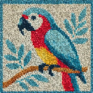 May include: A square, textured rug featuring a colorful parrot design. The parrot has red, yellow, and blue plumage, perched on a brown branch with blue leaves. The rug has a blue border and a neutral background.