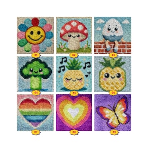 May include: A collection of nine colorful, square, tufted textile art pieces. The designs include a smiling flower, a mushroom, an egg character, a broccoli, a musical pineapple, a pineapple, a rainbow heart, a heart, and a butterfly.