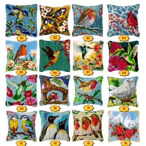 Op de afbeelding: Een set van 16 kleurrijke kussenpakketten met verschillende vogelontwerpen. Elk pakket bevat een voorgedrukt canvas, garen en instructies voor het maken van een pluche 3D-kussen.