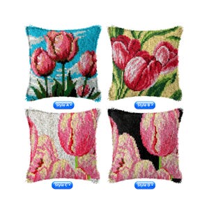 DIY Latch Hook Pillow Kits, Color Printed Throw Pillow Tulip Cover, Cross Stitch Set Yarn Embroidery for Festival Gift 16.9x16.9 In