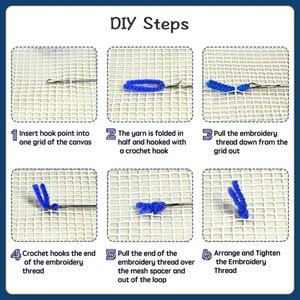 May include: A six-step guide on how to use a crochet hook to create embroidery stitches on a white canvas. The steps are illustrated with blue yarn and a crochet hook.