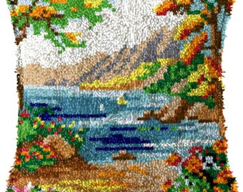 Kit per cuscini fai da te con punto annodato, federa per cuscino decorativo con casette stampate a colori, set per ricamo a punto croce con filato per regalo festivo 16,9x16,9 pollici