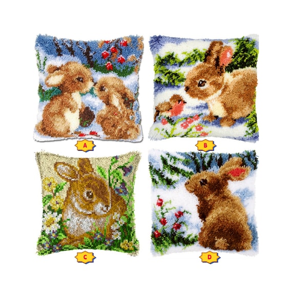 DIY Latch Hook Pillow Kits, Color Printed Throw Pillow Rabbits, Cross Stitch Set Yarn Embroidery for Festival Gift 16.9x16.9 Inches