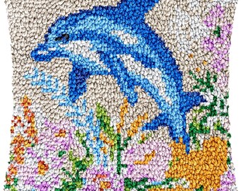 Kit per cuscino fai da te con punto annodato, federa per cuscino decorativo con delfini stampati a colori, set per ricamo a punto croce con filato per regalo festivo 43x43 cm