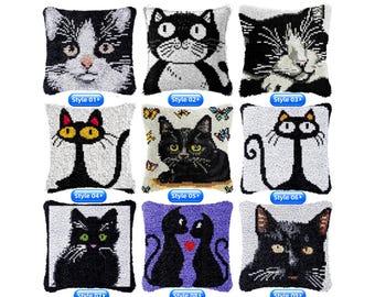 Kit fai da te per cuscino con gancio, federa per cuscino con stampa a colori e motivo gatti, set per punto croce, ricamo con filato per festival, 42 x 42 cm