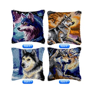 May include: Four decorative throw pillows with wolf designs. Each pillow features a different wolf image, with varying color schemes and backgrounds. The pillows are square-shaped and have a textured appearance, with the text "Style A", "Style B", "Style C", and "Style D" below each pillow.