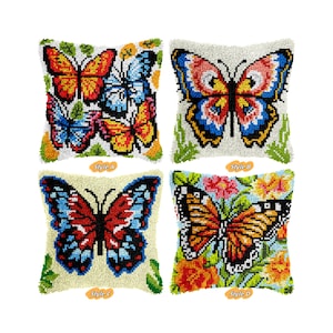 DIY Latch Hook Pillow Kits, Color Printed Throw Pillow Cover Butterfly, Cross Stitch Set Yarn Embroidery for Festival Gift 16.9x16.9 In