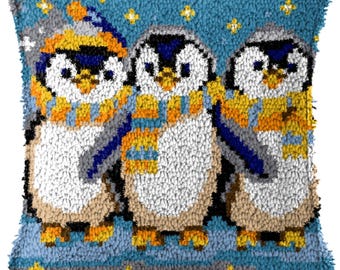 Kit per cuscino fai da te con punto annodato, federa per cuscino decorativo con pinguini stampati a colori, set per ricamo a punto croce con filato per regalo festivo 43x43 cm