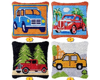 Kit fai da te per cuscino con gancio, motivo auto, ricamo con filato (16,9x16,9 pollici)