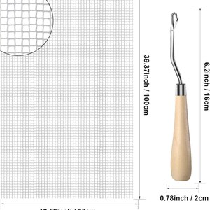 May include: A white rug hooking mesh, 19.68 inches (50 cm) wide and 39.37 inches (100 cm) long, with a close-up of the mesh. A rug hooking tool with a wooden handle, 6.2 inches (16 cm) long, is also shown.
