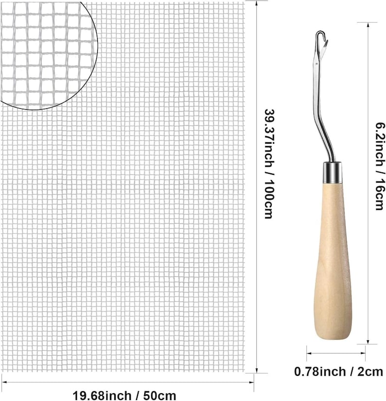 May include: A white rug hooking mesh, 19.68 inches (50 cm) wide and 39.37 inches (100 cm) long, with a close-up of the mesh. A rug hooking tool with a wooden handle, 6.2 inches (16 cm) long, is also shown.