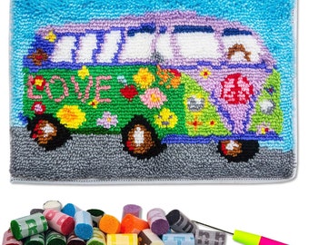 Latch Hook Kits DIY Crochet Yarn Kits,Flower Car Carpet Embroidery Hook Rug Kit Needlework Sets Cushion 20x15inch