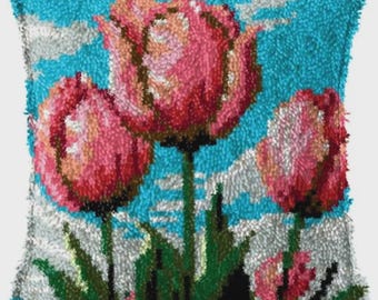 Kit per cuscino fai da te con punto annodato, federa per cuscino decorativo con stampa a colori a motivo di tulipani, set per ricamo a punto croce con filato per regalo festivo 43x43 cm