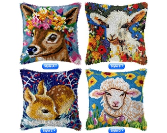 Kit fai da te per cuscino con gancio, federa per cuscino con stampa a colori, motivo cervi, set per punto croce, ricamo con filato, regalo per feste, 42 x 42 cm