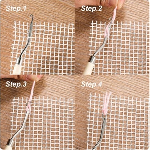 May include: A step-by-step guide to rug hooking. The image shows a white mesh fabric and a rug hooking tool with a wooden handle. Pink yarn is being pulled through the mesh. The steps are labeled Step 1, Step 2, Step 3, and Step 4.