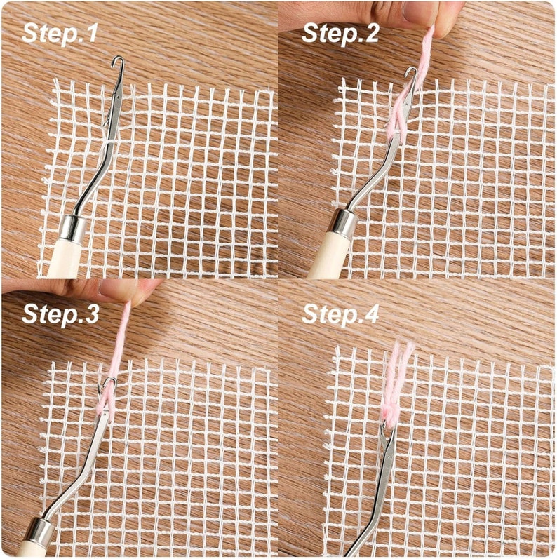 May include: A step-by-step guide to rug hooking. The image shows a white mesh fabric and a rug hooking tool with a wooden handle. Pink yarn is being pulled through the mesh. The steps are labeled Step 1, Step 2, Step 3, and Step 4.