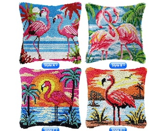 Kit fai da te per cuscino con gancio, federa per cuscino con stampa a colori a forma di fenicottero, set per punto croce con ricamo a punto croce, regalo per feste, 42x42 cm