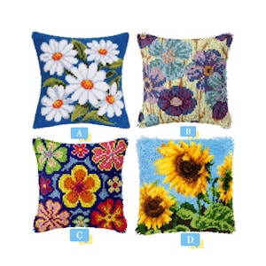 DIY Latch Hook Pillow Kits, Color Printed Throw Pillow Flowers, Cross Stitch Set Yarn Embroidery for Festival Gift 16.9x16.9 Inches
