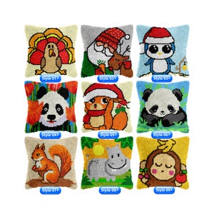 May include: Nine decorative throw pillows with various designs. The pillows feature images of a turkey, Santa Claus, a penguin, a panda, a squirrel, another panda, a squirrel, a hippo, and a monkey. Each pillow has a unique style number.