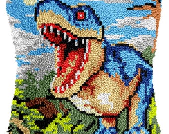 DIY Latch Hook Pillow Kits, Color Printed Throw Pillow Cover Dinosaurs, Cross Stitch Set Yarn Embroidery for Festival Gift 16.9x16.9 In