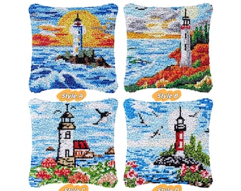 Kit fai da te per cuscino con gancio, federa per cuscino con stampa a colori, motivo faro, set per punto croce, ricamo con filato, regalo per feste, 42 x 42 cm