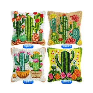 May include: Four different styles of DIY punch needle kits featuring cactus designs. Each kit includes a pre-printed canvas, yarn, and a punch needle. The kits are labelled "Style A", "Style B", "Style C", and "Style D".