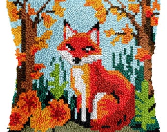 DIY Latch Hook Pillow Kits, Color Printed Throw Pillow Cover Foxes, Cross Stitch Set Yarn Embroidery for Festival Gift 16.9x16.9 In