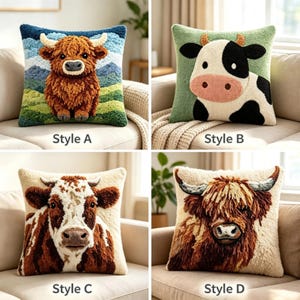 May include: Four square throw pillows featuring textured punch needle designs of cows. Style A shows a highland calf in a landscape, Style B a black and white cow on green, Style C a brown and white cow, and Style D a highland cow head.