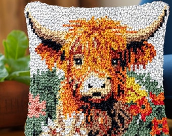 Latch Hook Kits DIY Crochet Yarn Kits,Cow Carpet Embroidery Hook Rug Kit Needlework Sets Cushion 16.9x16.9 inch