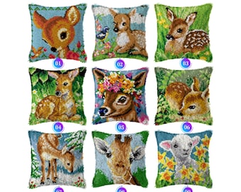 Kit fai da te per cuscino con gancio, federa per cuscino con stampa a colori e cervi, set per punto croce, filato per regalo di festa, 42x42 cm