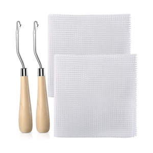 May include: Two rug hooking tools with wooden handles and metal hooks, alongside two white rug canvas pieces. The tools have a silver metal shaft connecting the hook to the wooden handle. The canvas is a white, grid-like material.