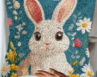 Kit per cuscino fai da te con punto annodato, federa per cuscino decorativo con coniglietti stampati a colori, set per ricamo a punto croce con filato per regalo festivo 16,9x16,9 pollici