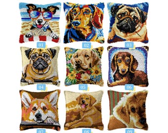 Kit fai da te per cuscino con gancio, federa per cuscino con stampa a colori e motivo cani, set per punto croce con ricamo a punto croce, regalo per feste, 42x42 cm