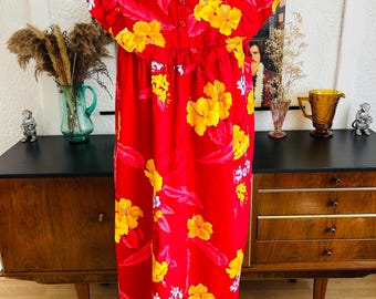 Vestido hawaiano vintage de algodón con estampado floral estilo Hilo Hattie, estilo retro de verano