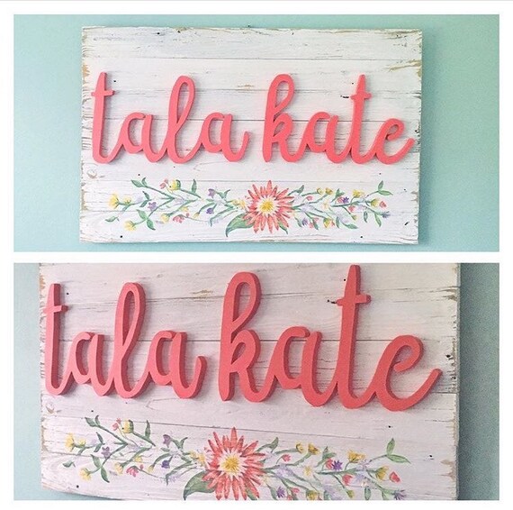 Large Monogram Sign Nursery Baby or Kids name, vintage shabby shic distressed style with hand painted flower design, reclaimed wood, handcut