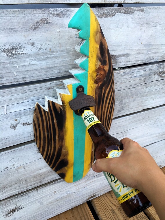 Surfboard Wood Bottle Opener Shark Bite Rustic Reclaimed Wood Etsy