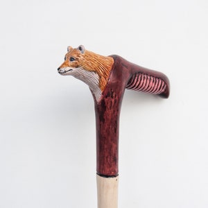 Canne en bois sculptée à la main avec poignée en renard - Art populaire de collection (37,5 pouces)