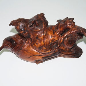 Peut inclure: Une sculpture en bois d'un oiseau au long bec, sculptée dans un morceau de bois flotté de couleur brun foncé et aux motifs de grain complexes.