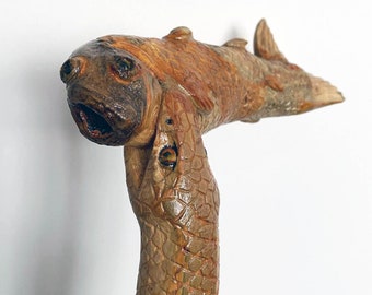 Hand carved snake bit the fish cane by cornel tree. One of a kind collectible animal walking stick.