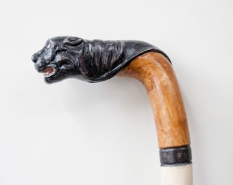 Hand carved wooden cane by cornel tree with puma grip. One of a kind collectible animal canе- custom size