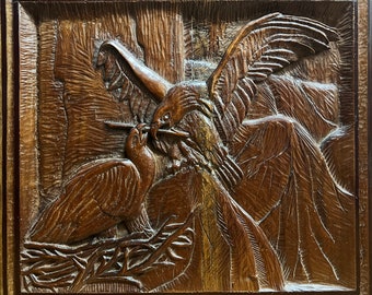 A family of eagles - mahogany wood panel carving