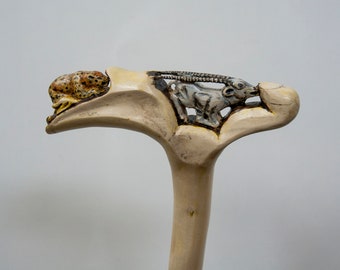 Hand carved wooden cane by cornel tree with hand carved openwork grip. One of a kind collectible animal cane - custom size