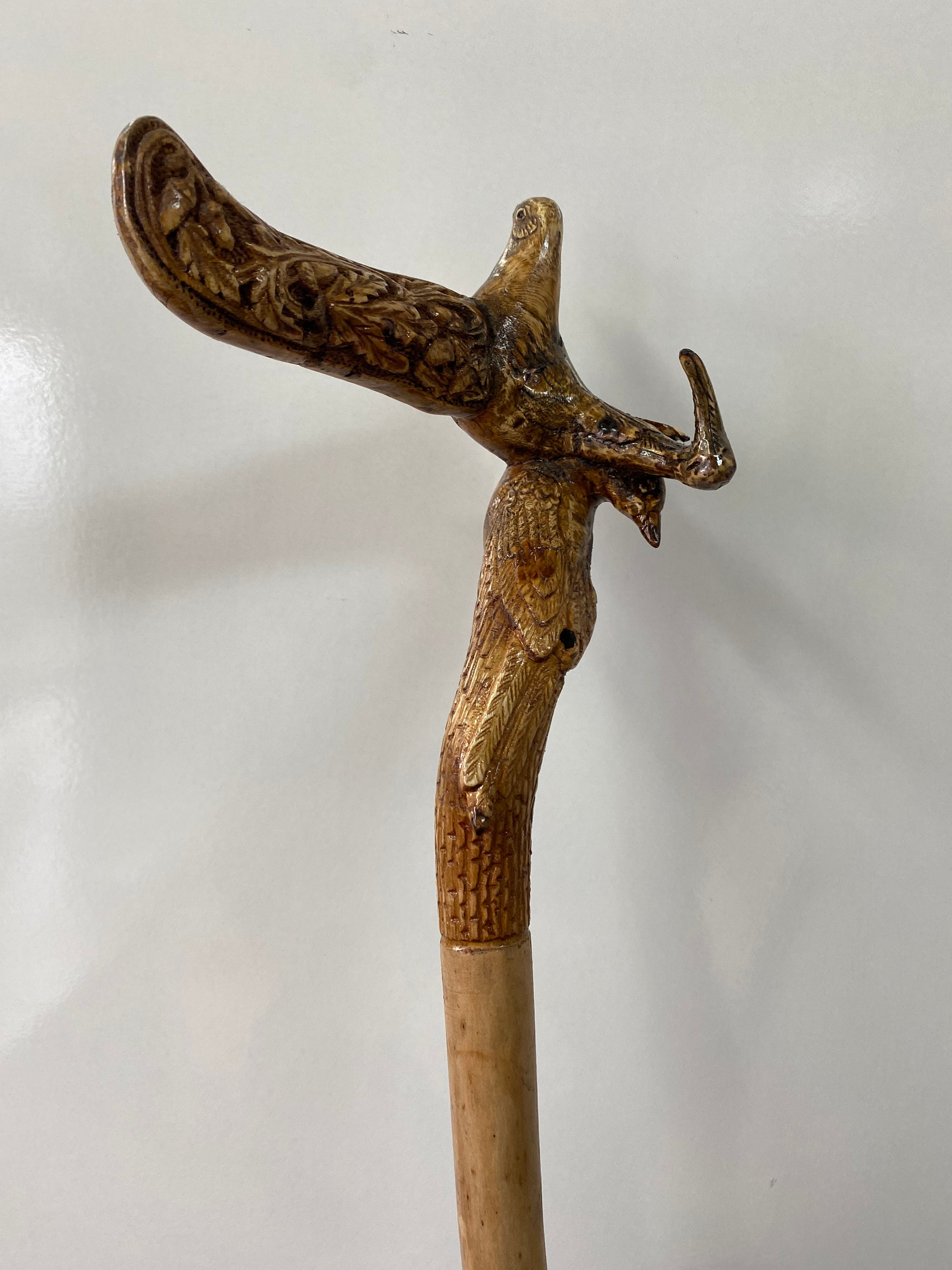 Hand Carved Wooden Walking Stick by Dogwood Tree With Two Birds Grip