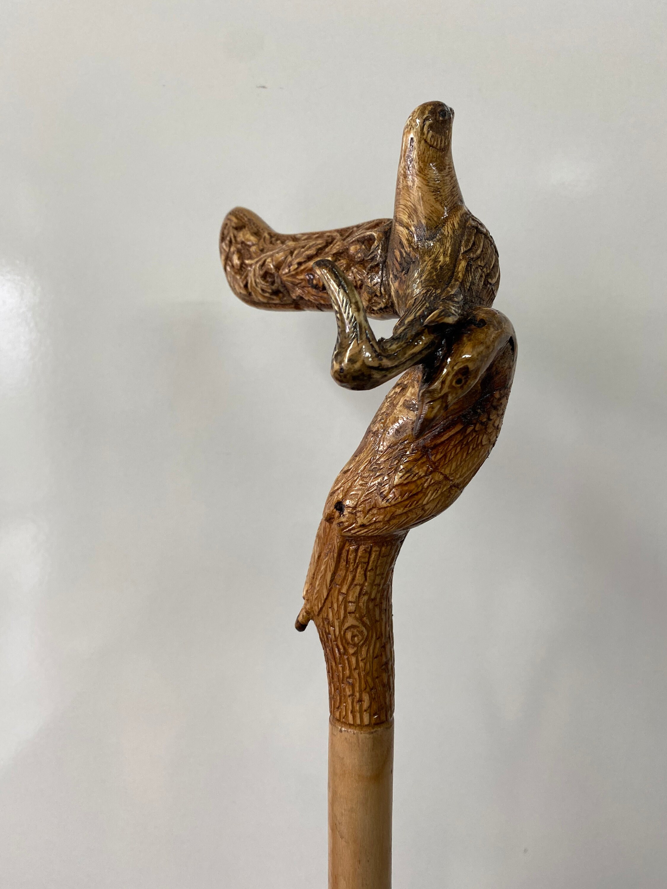 Hand Carved Wooden Walking Stick by Dogwood Tree With Two Birds Grip