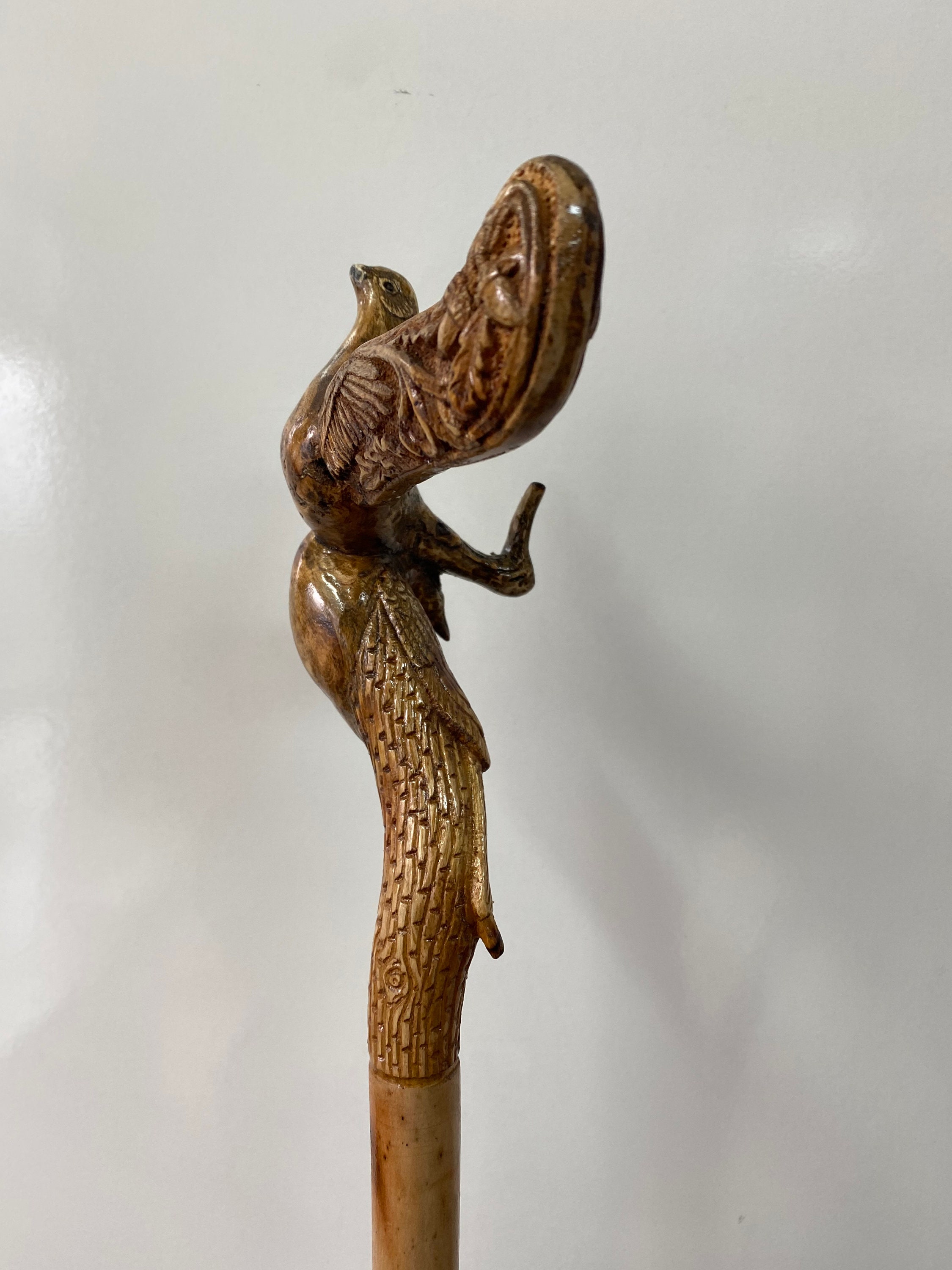 Hand Carved Wooden Walking Stick by Dogwood Tree With Two Birds Grip