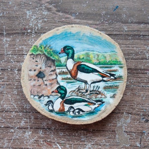 Peut inclure: Un disque en bois peint à la main représentant une scène de trois canards sur un étang. Les canards sont peints dans des tons de vert, blanc et marron. L'arrière-plan est un ciel bleu avec des arbres verts et une berge brune.