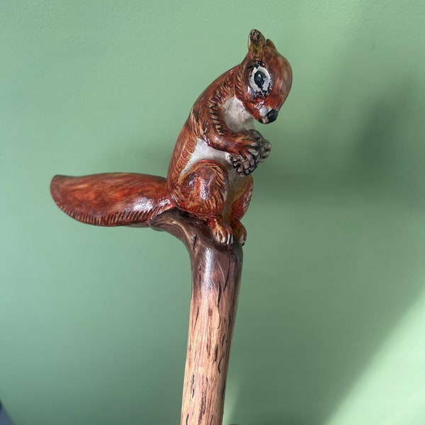 Hand carved wooden cane by cornel tree with squirrel grip. One of a kind collectible animal cane.