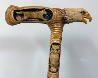 Hand made cane with eagle, cat and owl carvings from one piece by sycamore tree. One of a kind collectible animal cane or walking stick.