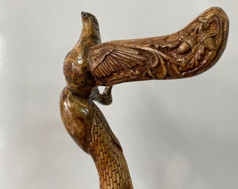 Hand carved wooden walking stick by dogwood tree with two birds grip. One of a kind collectible walking stick - custom size